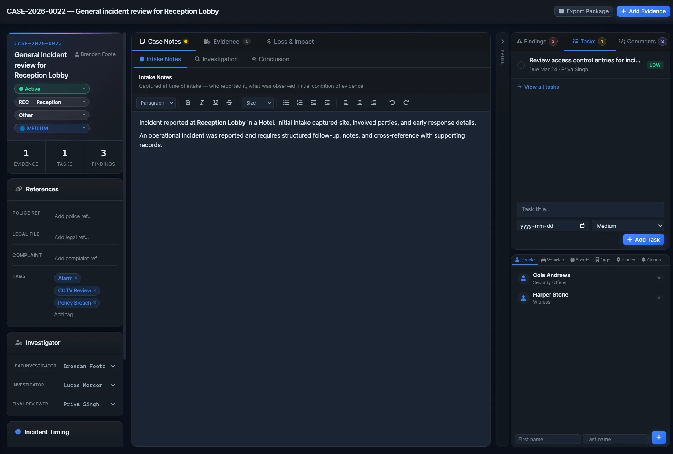 EMP Case Workspace showing a case reference, intake notes, evidence, tasks, findings and linked people.