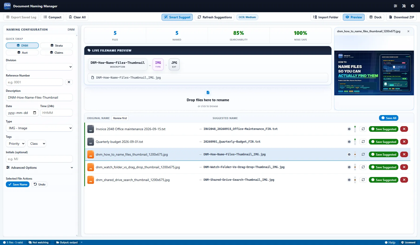 Document Naming Manager showing five original filenames alongside automatically suggested names, including sample invoice and budget files, with a live filename preview.